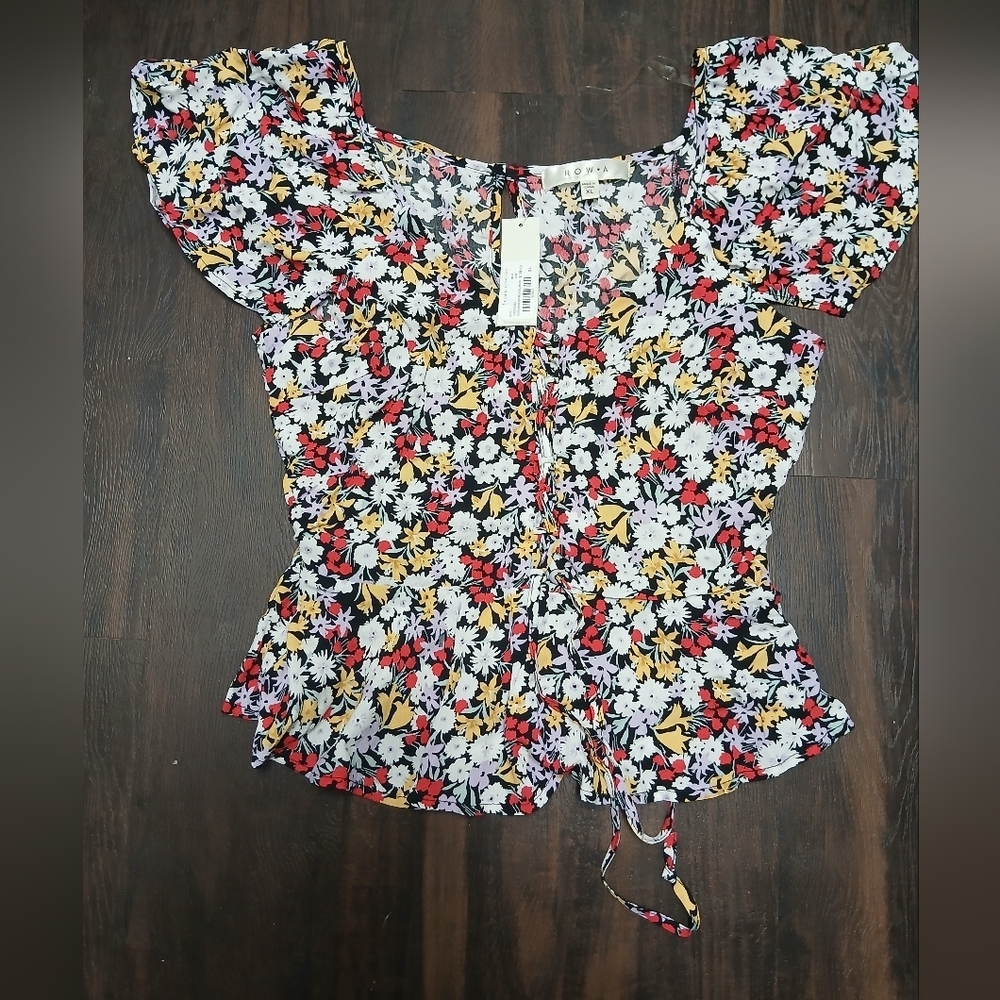 Francesca's Collections Floral Print Blouse - Black, Red, Yellow